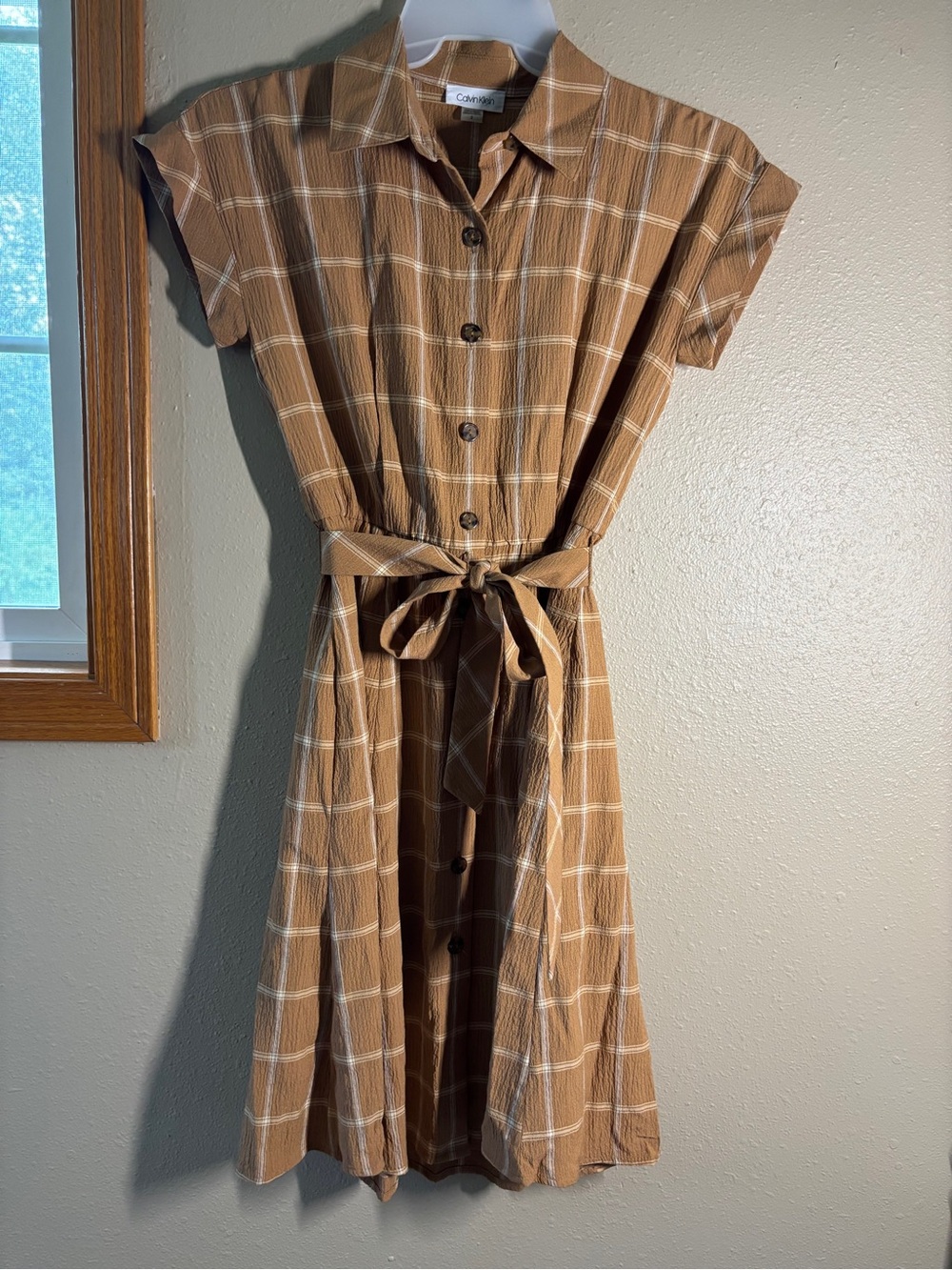 Calvin Klein Tan Plaid Button-Front Midi Dress Short Sleeves